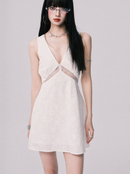 Lace Panel Jacquard V-Neck Dress