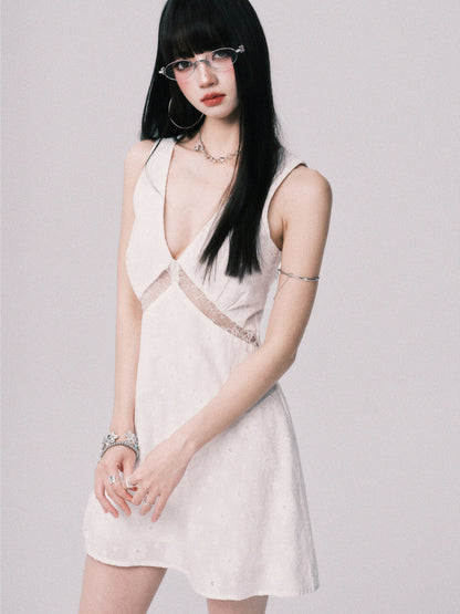 Lace Panel Jacquard V-Neck Dress