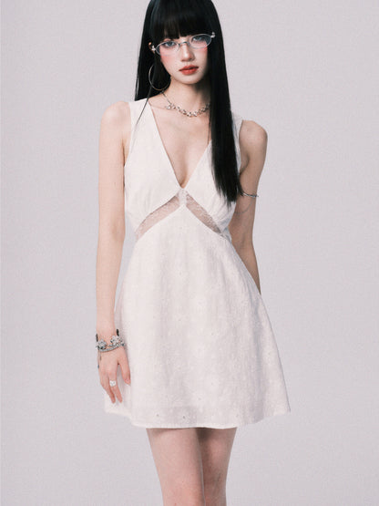 Lace Panel Jacquard V-Neck Dress