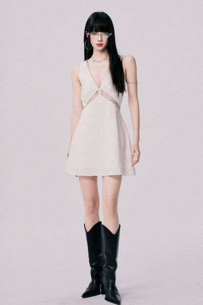 Lace Panel Jacquard V-Neck Dress