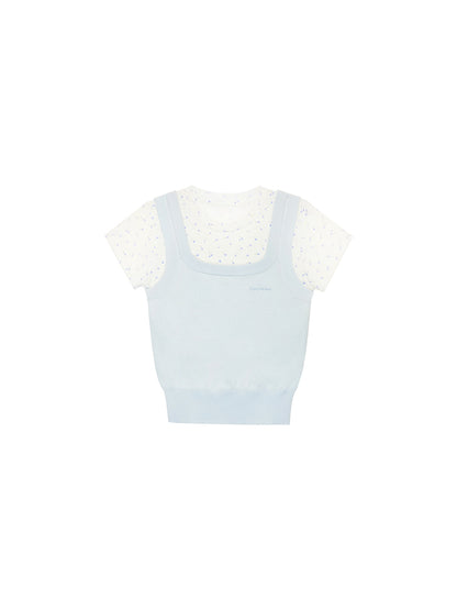 Faux Knit Layered Floral Cap-Sleeved T-Shirt