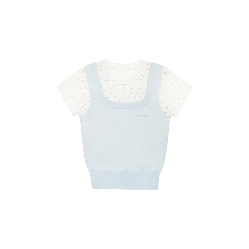 Faux Knit Layered Floral Cap-Sleeved T-Shirt