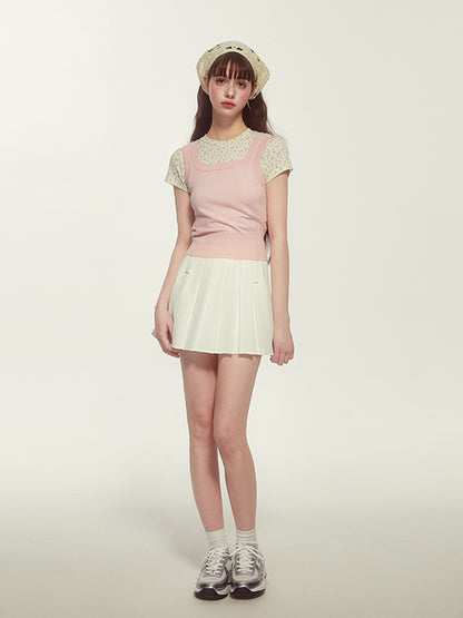 Faux Knit Layered Floral Cap-Sleeved T-Shirt