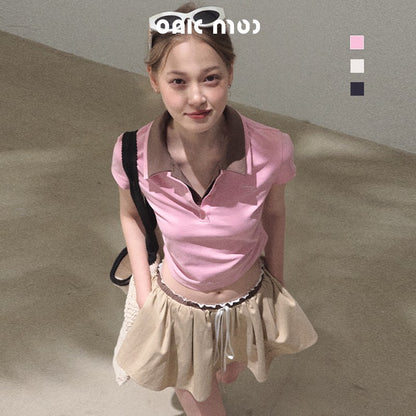 Faux-Layered Crop Polo And Flared Skirt Co-Ord