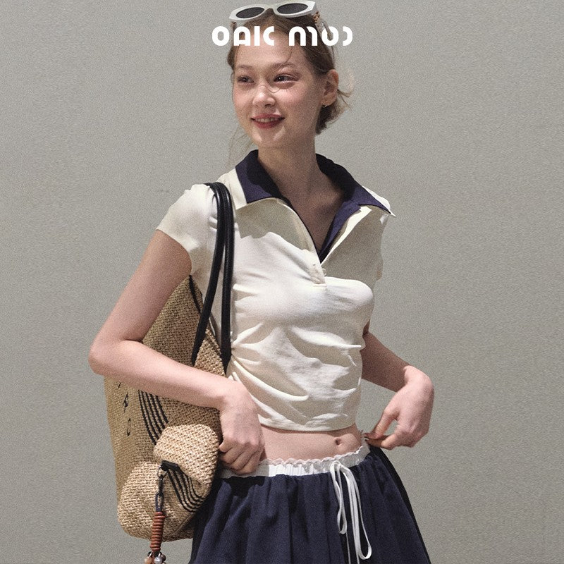 Faux-Layered Crop Polo And Flared Skirt Co-Ord