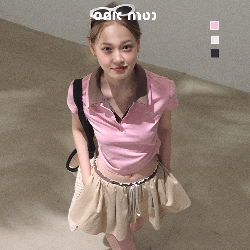 Faux-Layered Crop Polo And Flared Skirt Co-Ord