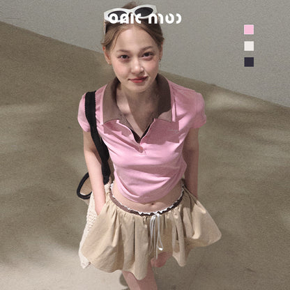 Faux-Layered Crop Polo And Flared Skirt Co-Ord