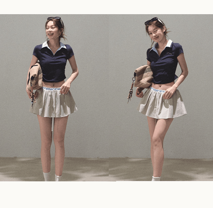 Faux-Layered Crop Polo And Flared Skirt Co-Ord
