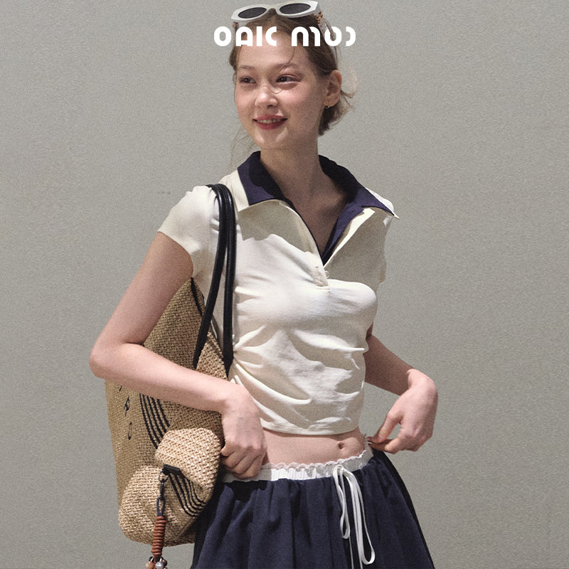 Faux-Layered Crop Polo And Flared Skirt Co-Ord