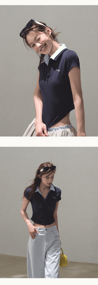Faux-Layered Crop Polo And Flared Skirt Co-Ord
