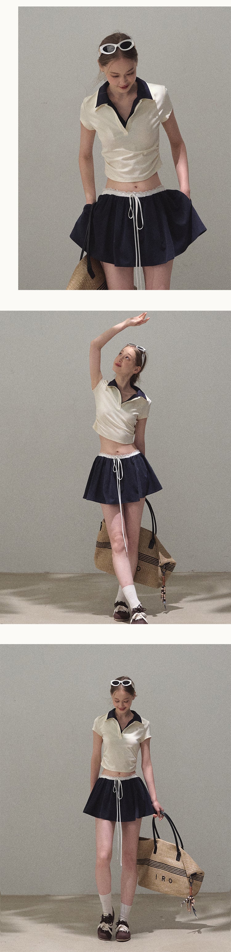 Faux-Layered Crop Polo And Flared Skirt Co-Ord