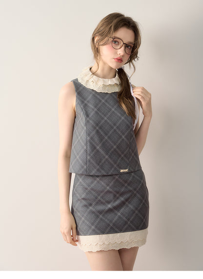 Sleeveless Double Lace Bib Collar Top & Matching Skirt