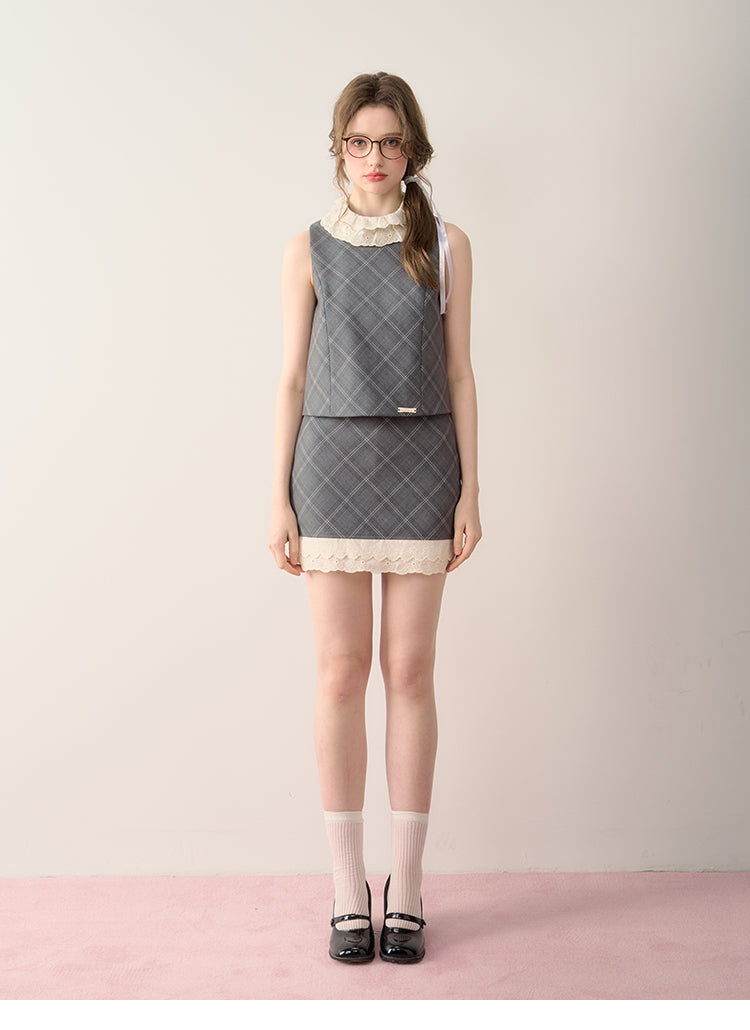 Sleeveless Double Lace Bib Collar Top & Matching Skirt
