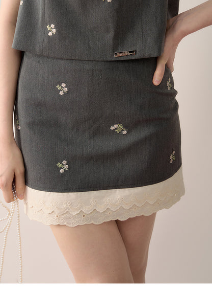 Sleeveless Double Lace Bib Collar Top & Matching Skirt