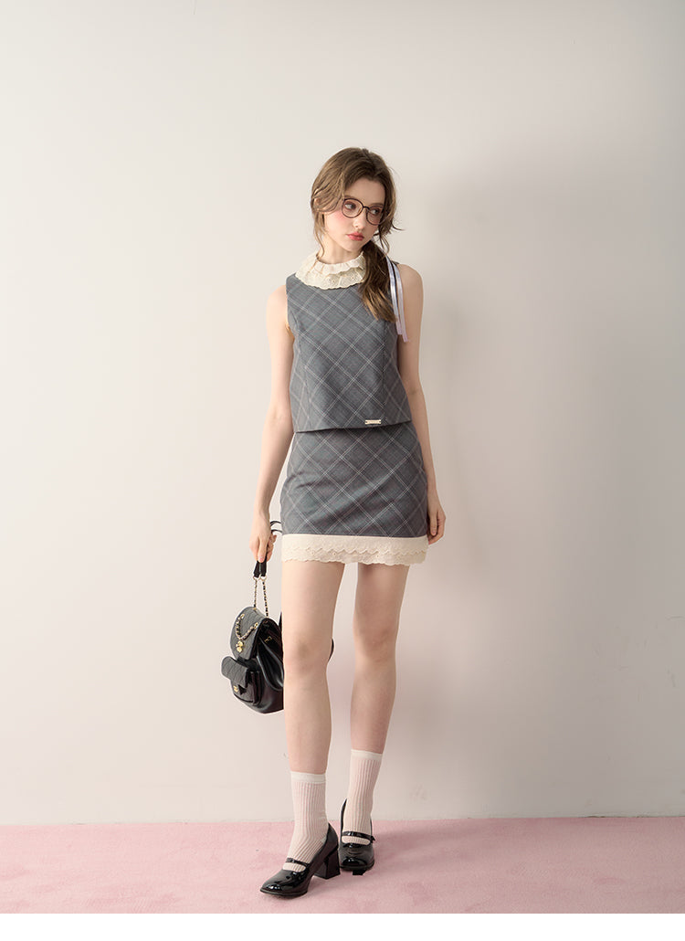 Sleeveless Double Lace Bib Collar Top & Matching Skirt