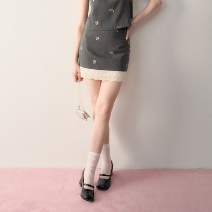 Sleeveless Double Lace Bib Collar Top & Matching Skirt