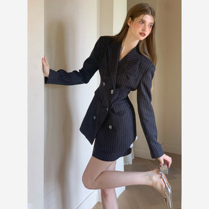 Striped Double-Breast Blazer & Skirt In 2 Styles