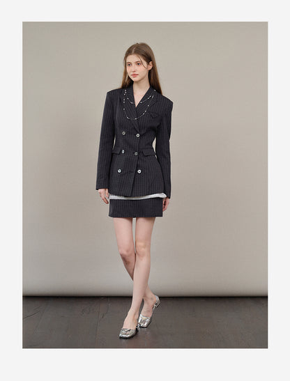 Striped Double-Breast Blazer & Skirt In 2 Styles