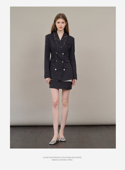 Striped Double-Breast Blazer & Skirt In 2 Styles