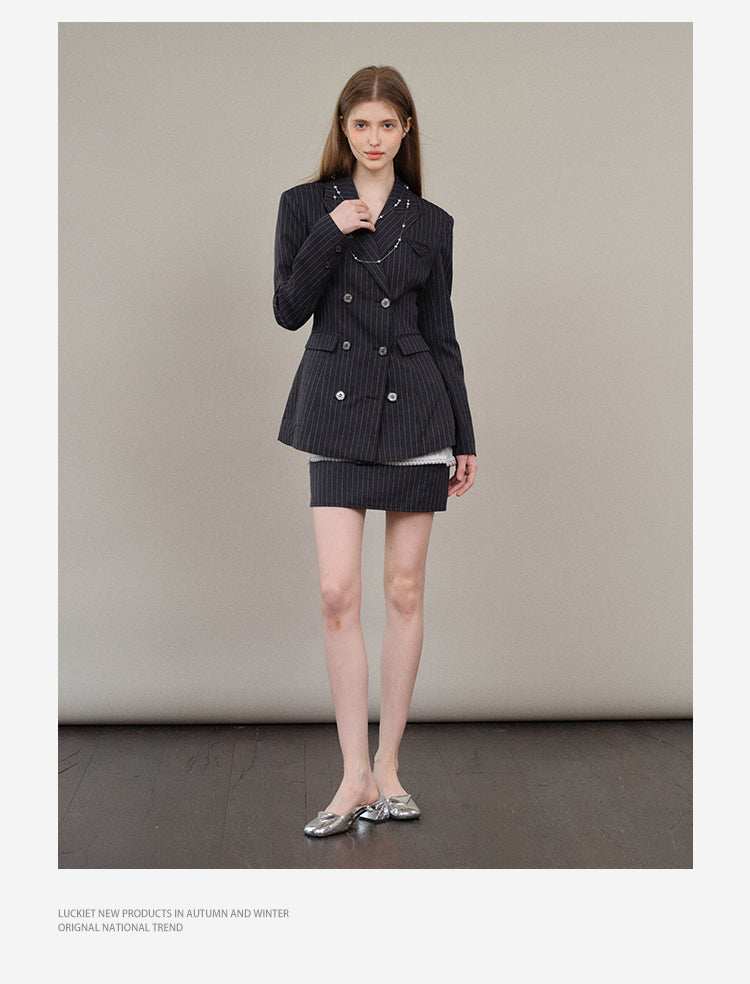 Striped Double-Breast Blazer & Skirt In 2 Styles