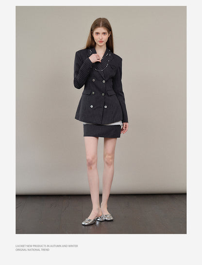 Striped Double-Breast Blazer & Skirt In 2 Styles