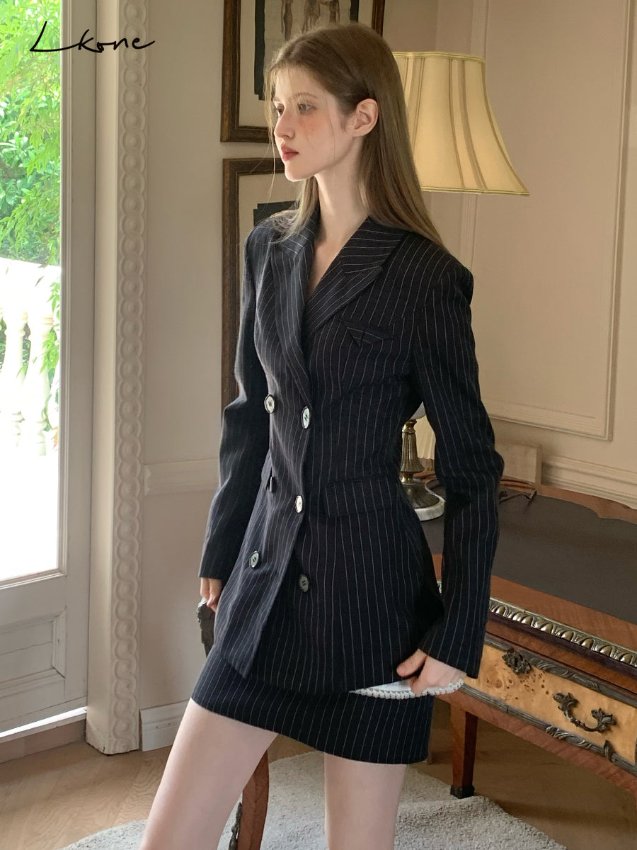 Striped Double-Breast Blazer & Skirt In 2 Styles