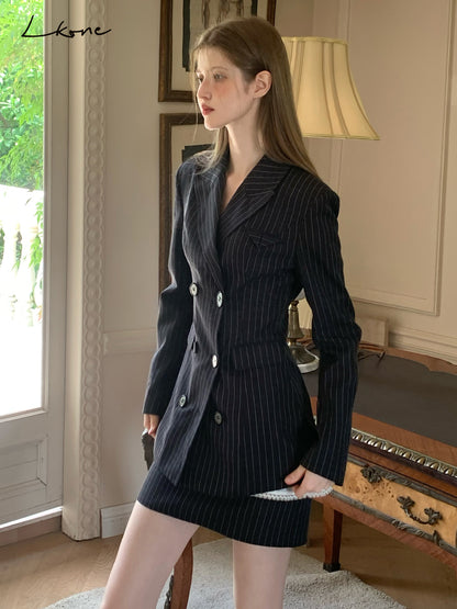 Striped Double-Breast Blazer & Skirt In 2 Styles