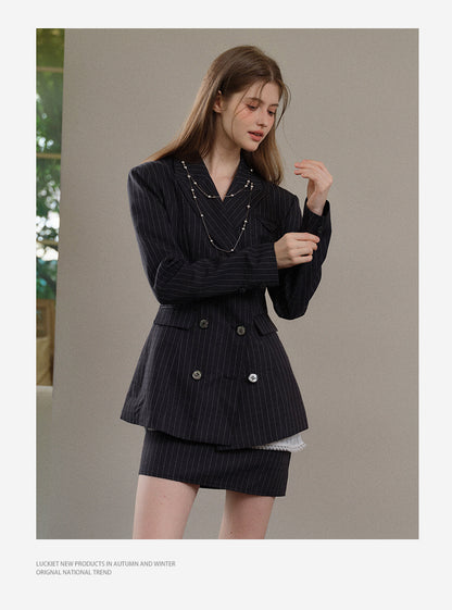 Striped Double-Breast Blazer & Skirt In 2 Styles
