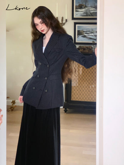 Striped Double-Breast Blazer & Skirt In 2 Styles