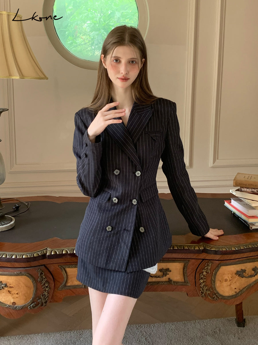 Striped Double-Breast Blazer & Skirt In 2 Styles