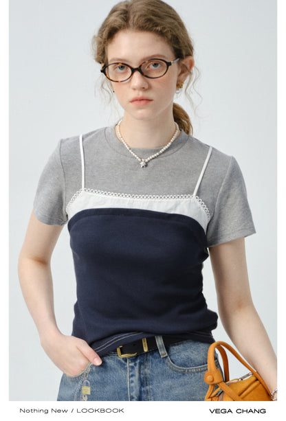 Contrast-Colored Faux-Layered Cotton T-Shirt