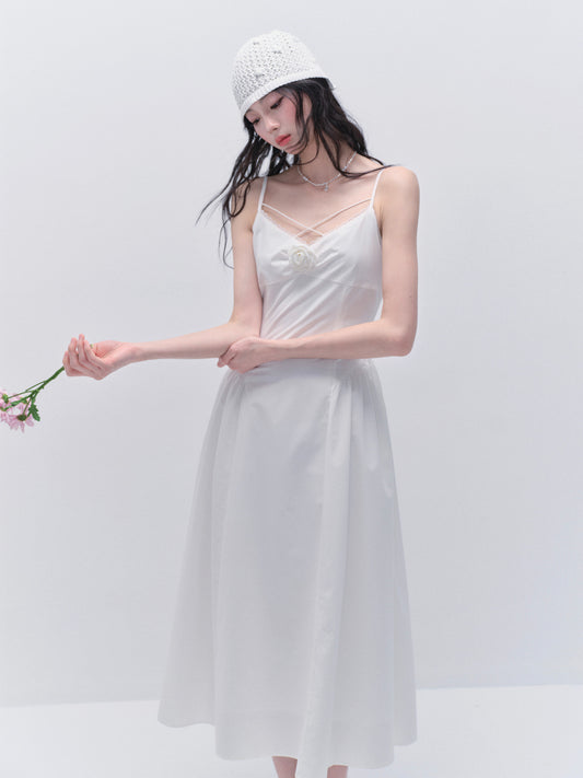 Flower Accent Camisole Dress With Crossed Strap Detail