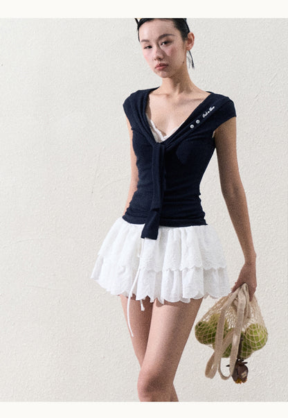 Fitted Tie Neck Top In Two Sleeve Lengths