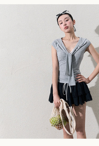 Fitted Tie Neck Top In Two Sleeve Lengths