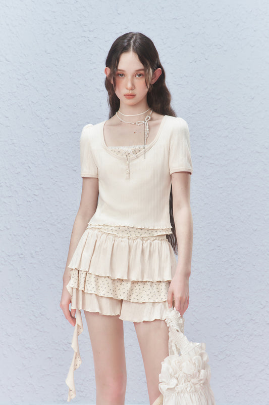 Floral Ruffled Pointelle Tiered Skirt