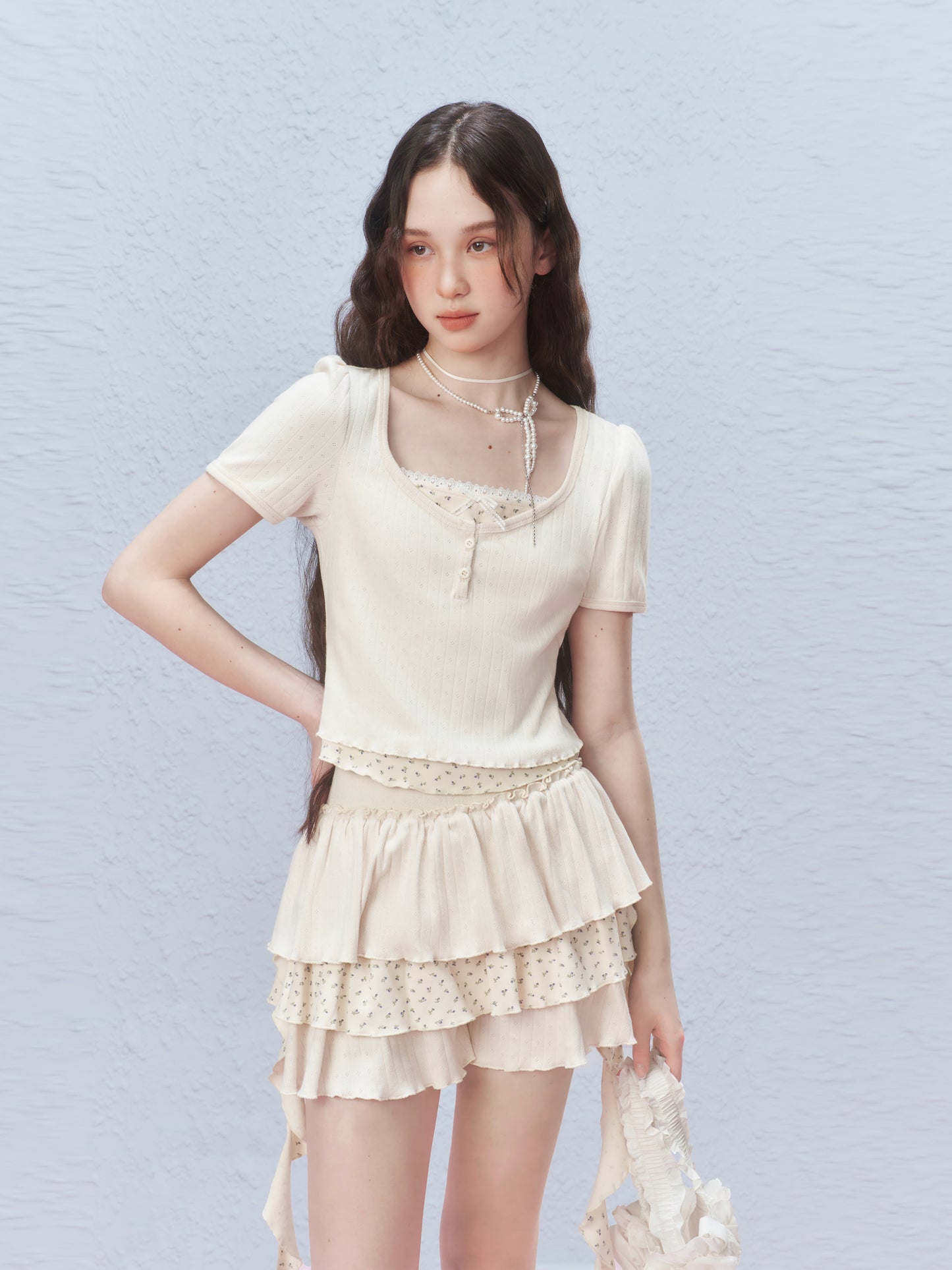 Floral Ruffled Pointelle Tiered Skirt