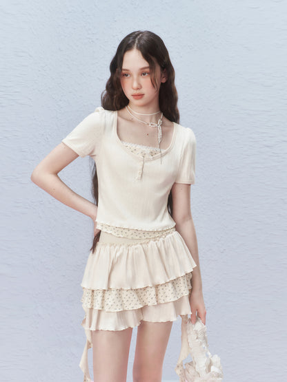 Floral Ruffled Pointelle Tiered Skirt