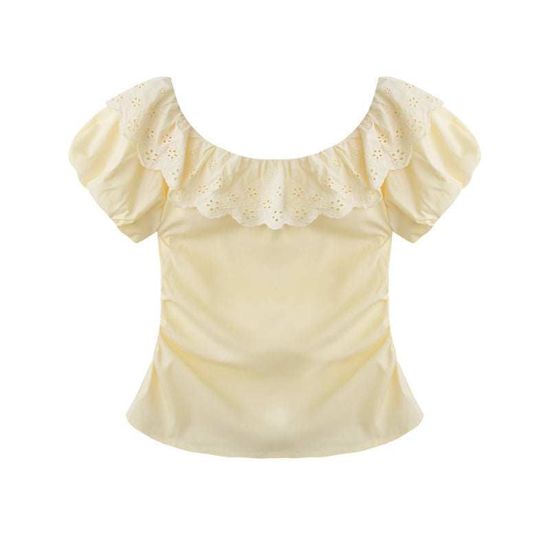 Side-Gathered Off-Shoulder Bubble Sleeve Blouse