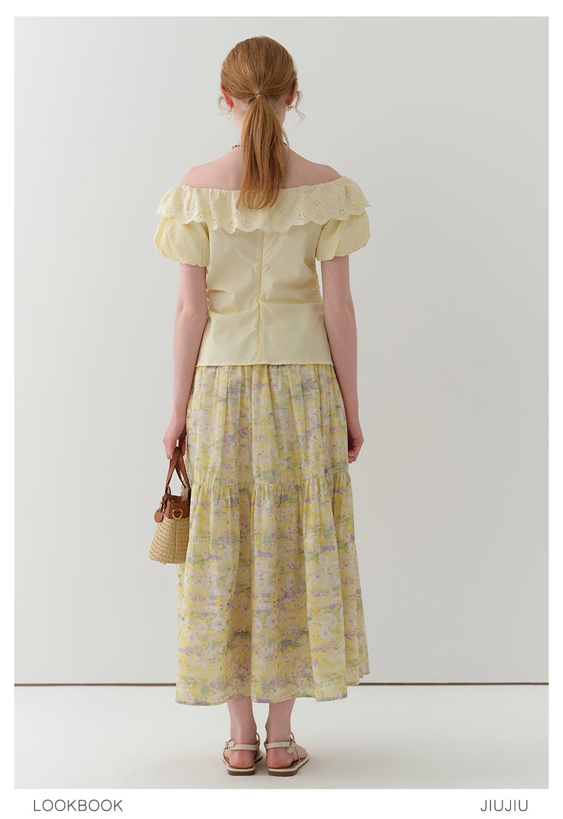 Side-Gathered Off-Shoulder Bubble Sleeve Blouse