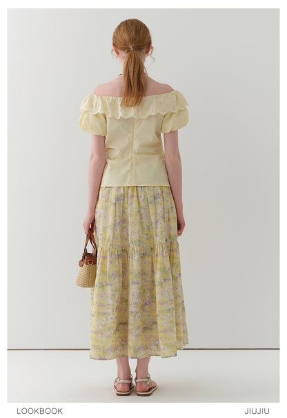 Side-Gathered Off-Shoulder Bubble Sleeve Blouse