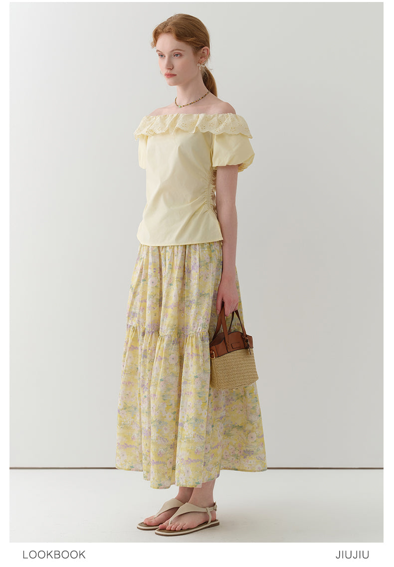 Side-Gathered Off-Shoulder Bubble Sleeve Blouse