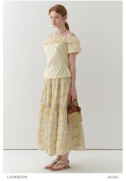 Side-Gathered Off-Shoulder Bubble Sleeve Blouse