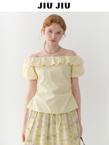 Side-Gathered Off-Shoulder Bubble Sleeve Blouse