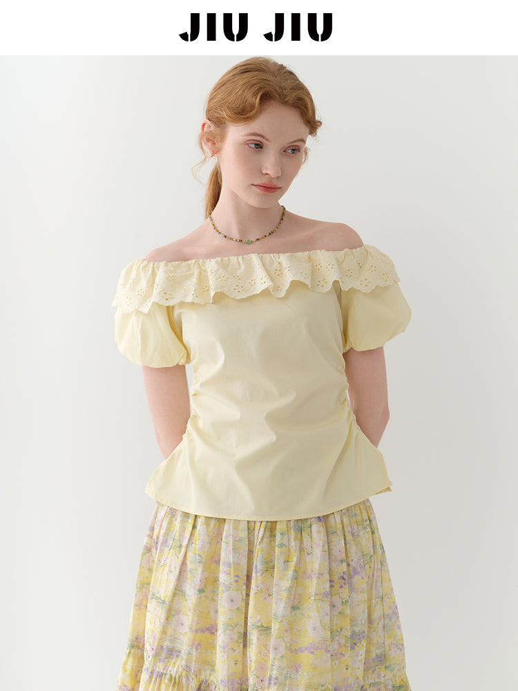 Side-Gathered Off-Shoulder Bubble Sleeve Blouse