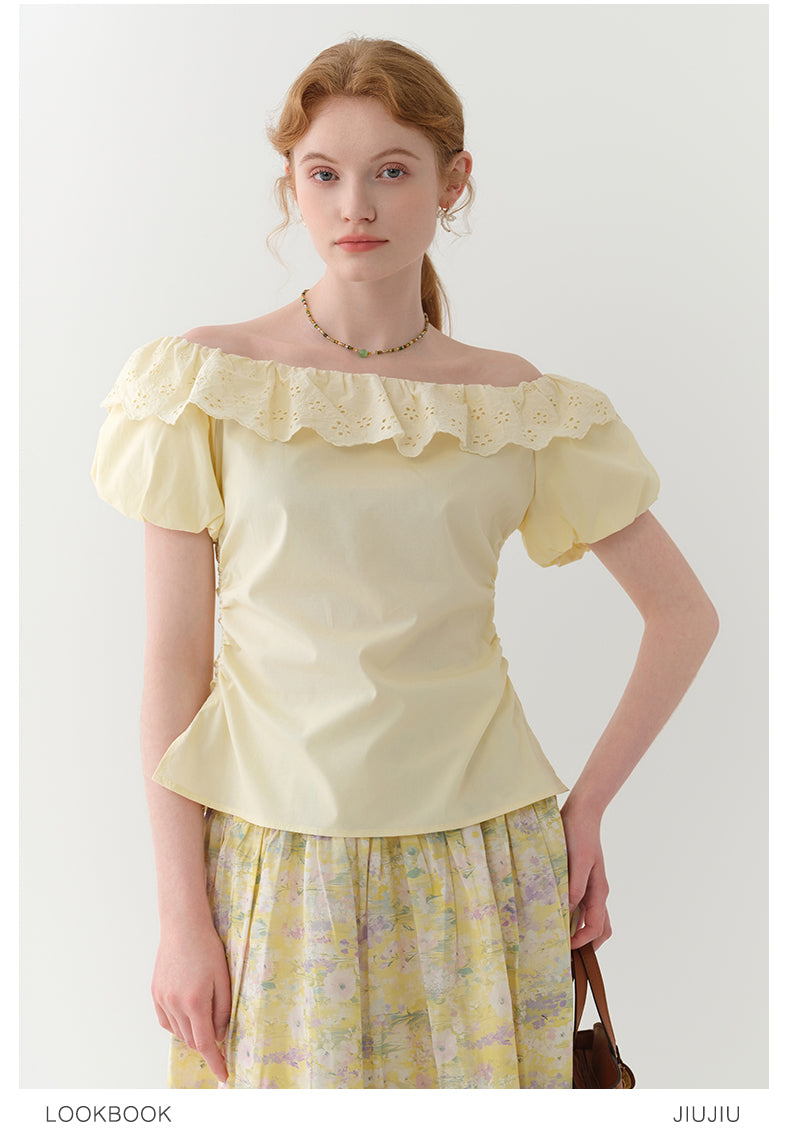 Side-Gathered Off-Shoulder Bubble Sleeve Blouse