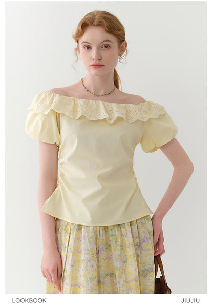 Side-Gathered Off-Shoulder Bubble Sleeve Blouse