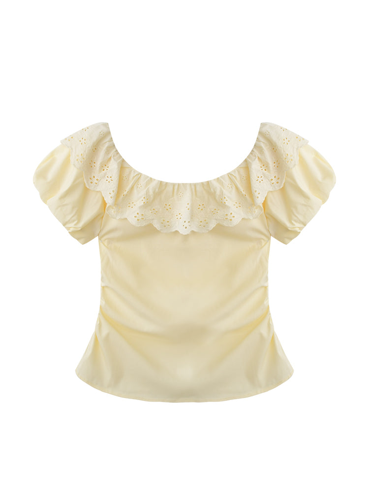 Side-Gathered Off-Shoulder Bubble Sleeve Blouse