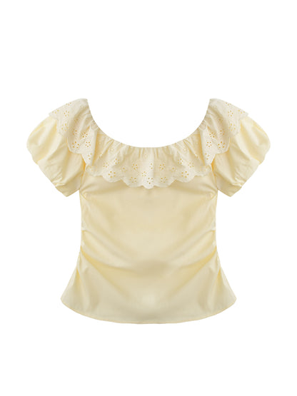 Side-Gathered Off-Shoulder Bubble Sleeve Blouse