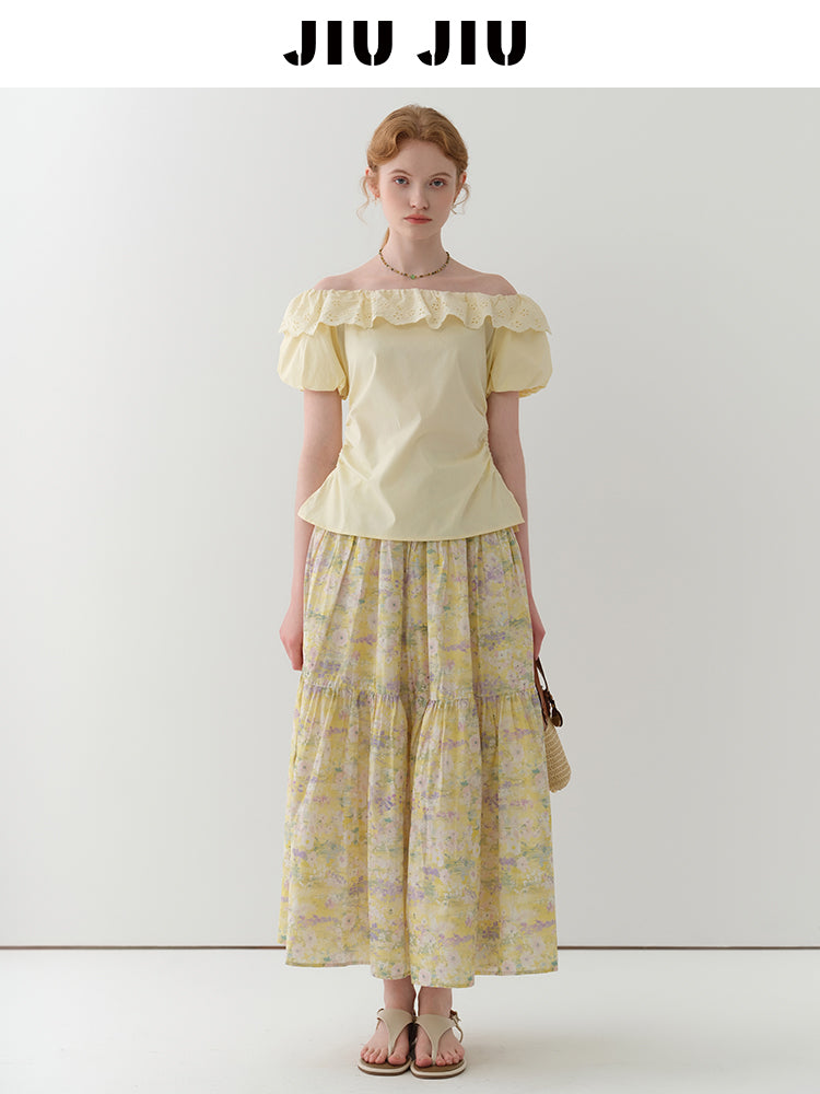 Side-Gathered Off-Shoulder Bubble Sleeve Blouse