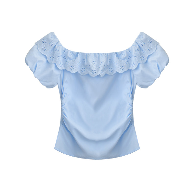 Side-Gathered Off-Shoulder Bubble Sleeve Blouse